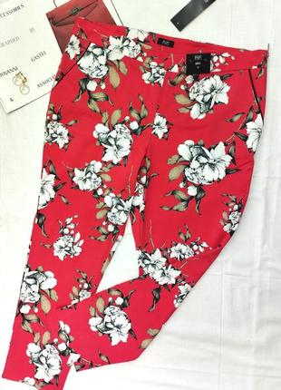 Брюки красные штаны с карманами белый цветы высокая посадка2 фото
