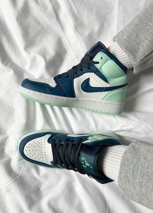 Женские высокие кожаные кроссовки nike air jordan 1 mid gs "blue mint"#найк