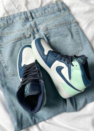 Женские высокие кожаные кроссовки nike air jordan 1 mid gs "blue mint"#найк10 фото