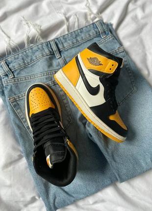 Женские высокие кожаные кроссовки nike air jordan 1 yellow/black#найк9 фото