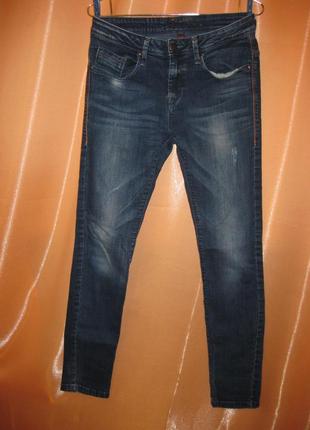 Классные джинсы штаны  брюки темно-синие с потертостями км1473, тянутся9 фото
