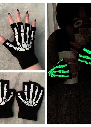 Мітенки — скелети трендові рукавички, що світяться в темряві, скелет неформальні фосфорні емо гот-панк аніме хелловін halloween