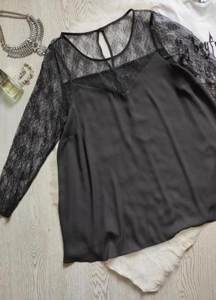 Чорна довга блуза туніка шифон з ажурним верхом декольте гіпюр вишивка довгий рукав3 фото