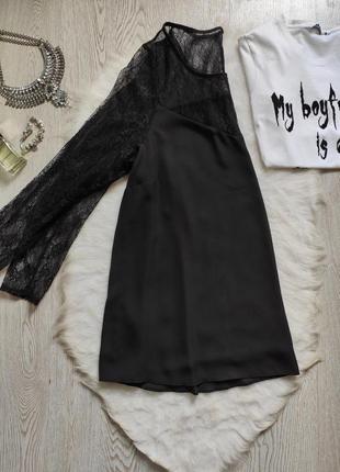 Чорна довга блуза туніка шифон з ажурним верхом декольте гіпюр вишивка довгий рукав9 фото