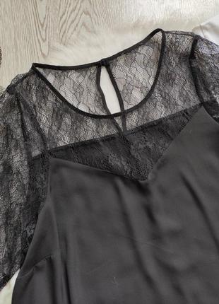 Черная длинная блуза туника шифон с ажурным верхом декольте гипюр вышивка длинный рукав5 фото