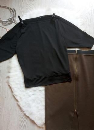Черная блуза оверсайз летучая мышь с открытыми плечами длинным рукавом стрейч батал1 фото