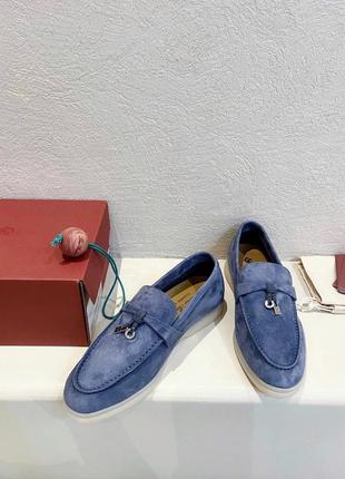 Женские короткие синие замшевые лоферы loro piana summer walk лоро пиана с логотипом lp пиано