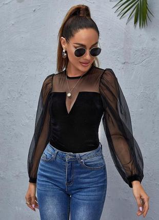 Shein чудова напівпрозора оксамитова блуза з довгими рукавами