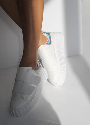 Білі кросівки кеди кріпери на платформі на високій підошві на липучках3 фото