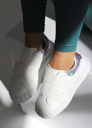 Білі кросівки кеди кріпери на платформі на високій підошві на липучках4 фото
