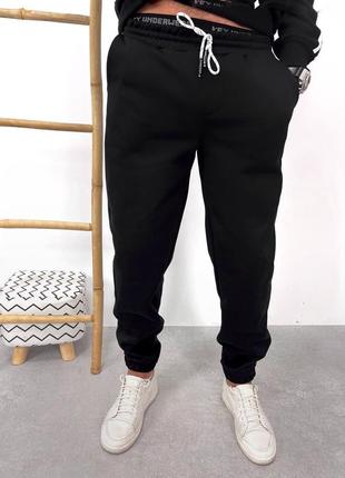 Чоловічі спортивні штани джогери чорні бежеві теплі на флісі утеплені2 фото