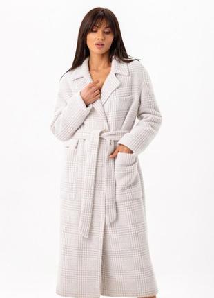 Пальто женское длинное утепленное зимнее эко альпака, теплое, бежевое в клетку лапка клетчатое