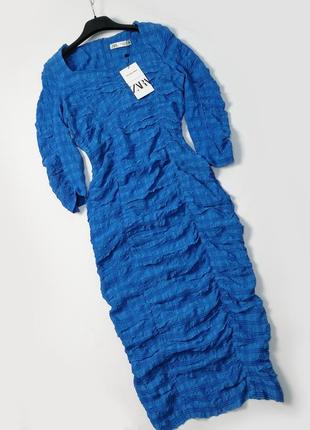 Жаккардовое облегающее платье синее с длинным рукавом  zara2 фото