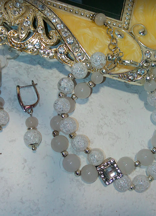 Дизайнерский браслет серьги натуральные камни розовый кварц агат платье блузка подарок набор 8марта