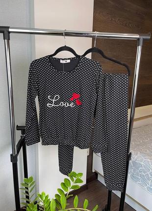 Черная в горох натуральная хлопковая пижама/домашний костюм кофта и брюки s-xl