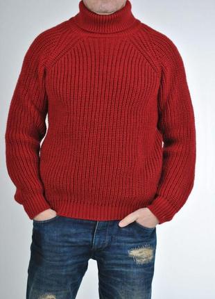 Вязаный теплый мужской свитер красный под горло, размеры от l до 2xl