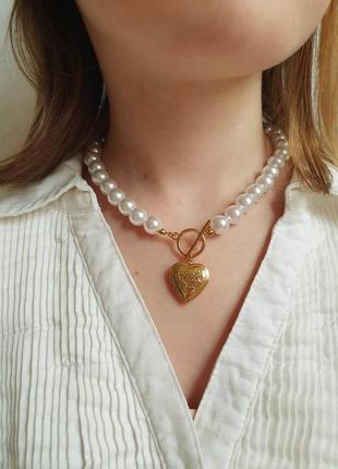 Свадебное ожерелье чокер из жемчуга кулон сердце