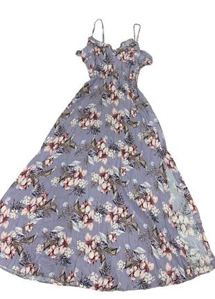 Платье макси длинное цветочное лиловое сиреневое на бретелях6 фото