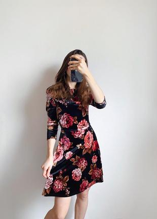 Чорна оксамитова бархатна сукня у квітах new look міні жіноча святкова