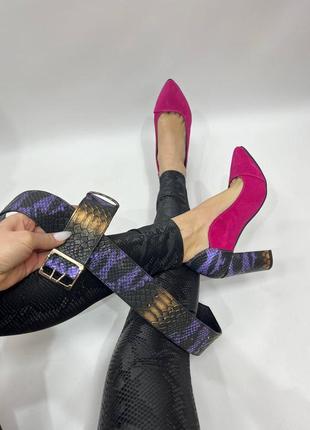 Жіночі туфлі лодочки из натуральной замши малинового кольору комбінована фіолетовий рептилій ексклюзивної на каблуку стовпчик 9 см7 фото
