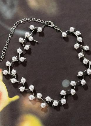 Чокер металлический бусины серебристое колье под жемчужины ожерелье цепочка под ретро винтаж1 фото