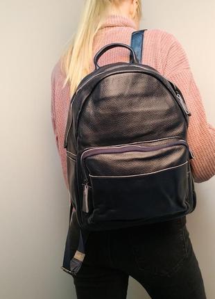 Большой рюкзак из натуральной кожи, темно-синий7 фото