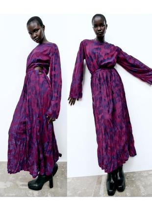 Розкішна міді сукня жакардова zara максі сукня з жатим єффектом малинова сукня фіолетова сукня з довгим рукавом трапеція4 фото