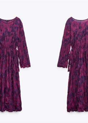 Розкішна міді сукня жакардова zara максі сукня з жатим єффектом малинова сукня фіолетова сукня з довгим рукавом трапеція5 фото