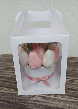 Букет мильних тюльпанів "коханій" у коробці (в акваріумі)4 фото