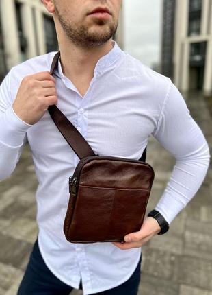 Мужской кожаный мессенджер коричневый сумка через плечо | мужская кожаная барсетка8 фото