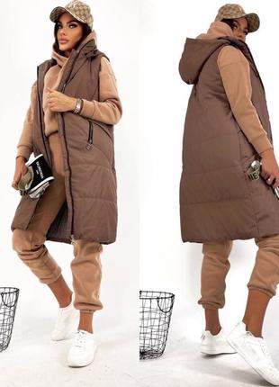 Жилет жилетка длинная теплая на молнии на змейке с капюшоном черная коричневая зелёная фиолетовая