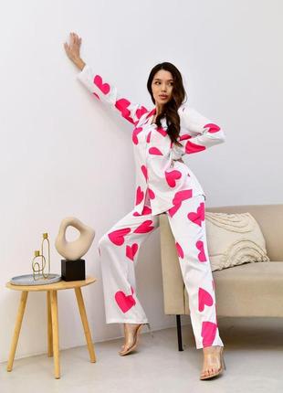 Пижама женская шелк армани falling in love розовый с брюками и рубашкой на пуговицах комплет для дома и сна7 фото