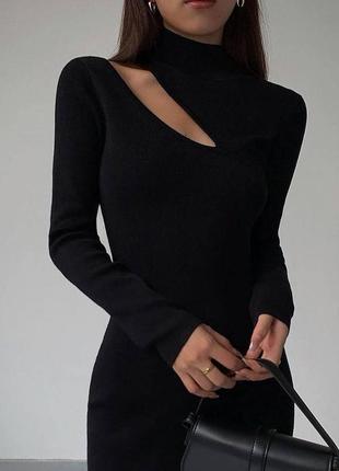 Женское трикотажное черное платье в рубчик, зимние теплое прямо платье миди2 фото