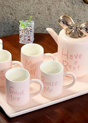 Чайний сервіз на підносі olens щасливе життя про-8030-50 6 предметів рожевий