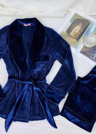 Велюровый комплект для дома и сна халат + штаны, велюровая пижама шаль2 фото