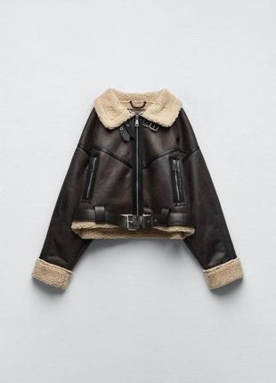 Женская коричневая дубленка зара, укороченая куртка авиатор, косуха оверсайз зимняя6 фото