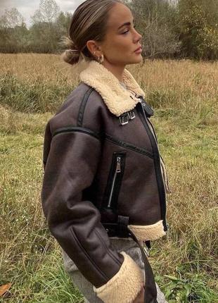 Женская коричневая дубленка зара, укороченая куртка авиатор, косуха оверсайз зимняя