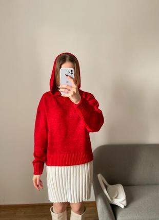 Красный вязаный свитер - худи оверсайз3 фото