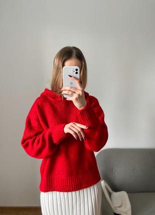 Красный вязаный свитер - худи оверсайз2 фото