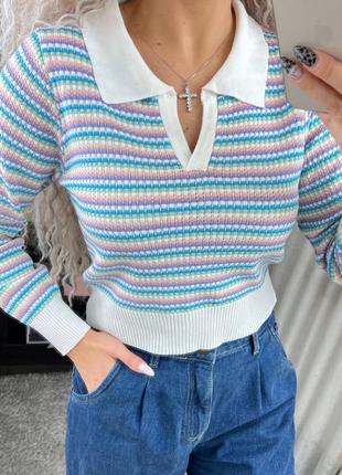 Наложенный платеж ❤ свитер трикотаж с воротником поло в полоску