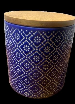 Керамическая банка с бамбуковой крышкой синяя с узором