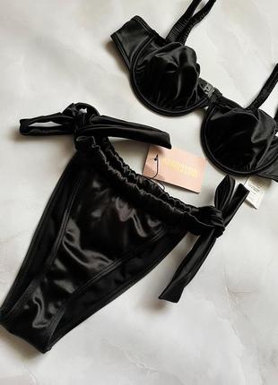 Черный шелковый купальник ракушки на завязках высокие плавки бразилиана з кісточками missguided2 фото
