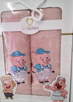 Набор полотенец в подарочной упаковке свинки" новый год 2019,  two dolphin, турция, цвет пудры