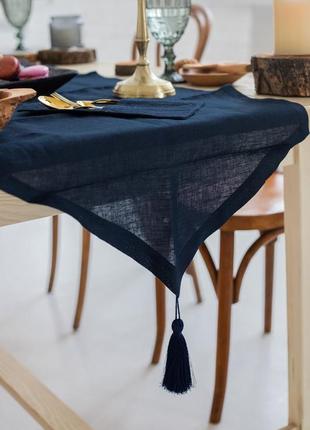 Доріжка на стіл (ранер) з льону з декоративними китицями 50*195 см1 фото
