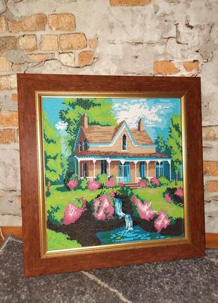 Картина з чеського бісеру в рамці будиночок біля струмка