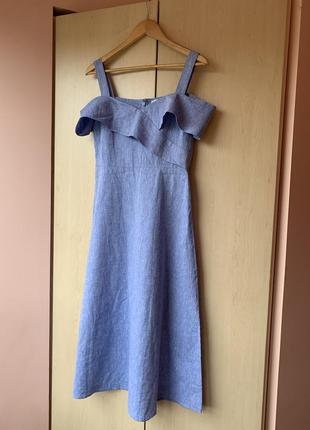 Неймовірна лляна міді сукня в ніжному блакитному кольорі з оголеними плечима від warehouse6 фото