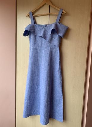 Неймовірна лляна міді сукня в ніжному блакитному кольорі з оголеними плечима від warehouse4 фото