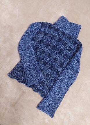 Синий свитер гольф с высокой горловиной свитерок кофта букле с немного расклешенным рукавом