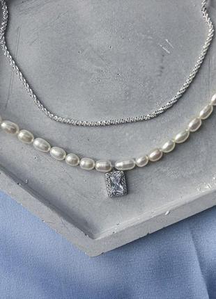Жемчужное натуральное ожерелье с фианитом и чокер из серебра 925 пробы, две короткие серебряные цепочки2 фото