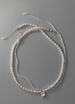 Жемчужное натуральное ожерелье с фианитом и чокер из серебра 925 пробы, две короткие серебряные цепочки8 фото